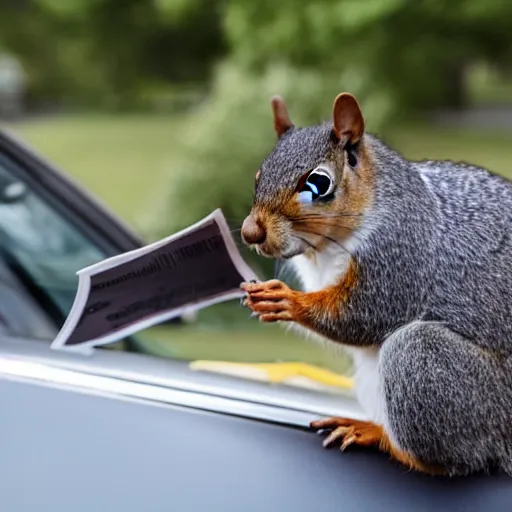 Image similar to a dog-cop ticketing a squirrel with a fine for speeding