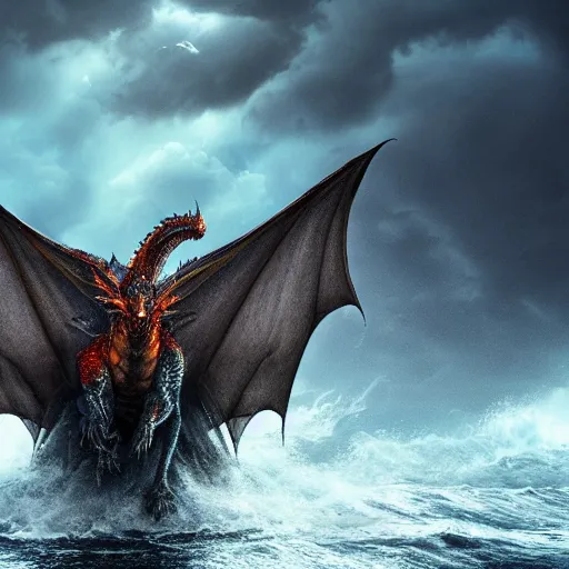 Prompt: a dragon with three heads emerging from the ocean during a storm, dramatic lighting, cinematic, high coherence, hyperrealistic, anatomically correct, path traced, highly detailed, high quality, 8 k hdr, octane render, unreal engine 5, trending on artstation, epic image, turbulent sea, concept art, digital art