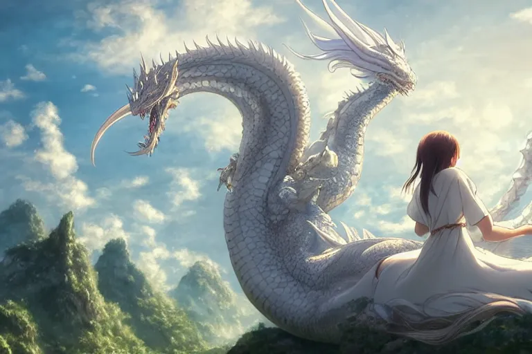 Image similar to the beautiful hyper detailed big scene render that a beautiful girl sitting on the back of a huge silver white dragon alone in fairyland surrounded by white clouds, finely detailed angelic face delicate features, style of studio ghibli, makoto shinkai, raphael lacoste, artgerm, karol bak, kazuki tanahashi, james jean, ross tran, ultra wide angle