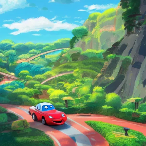 Prompt: disney cars landscape, beautiful, anime, studio ghibli, 8 k, intricate, vibrant