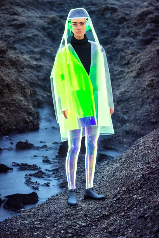 Image similar to an ultra high definition professional high fashion portrait studio full length photograph of a model wearing a transparent pearlescent raincoat and neon visor in an icelandic black rock environment at dawn. no artefacts. extremely detailed. stark. refraction. shallow depth of field. volumetric light and shadow. ray tracing. light rays.