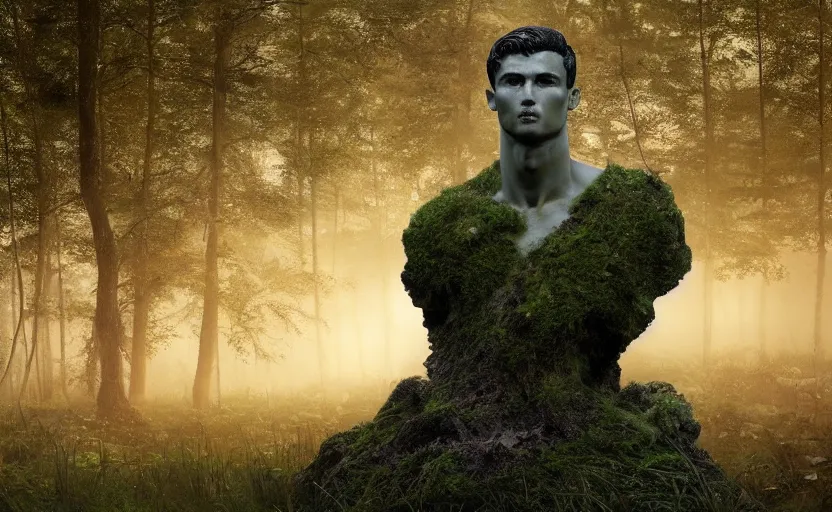 Prompt: a mossy marble statue of Cristiano Ronaldo abandoned in the middle of a forest near a lake at sunset by Greg Rutkowski, concept art, godrays, complementary colors, calm, relaxing, beautiful landscape, highly detailed, high quality, 4k HDR, path tracing, serene landscape, high coherence, soft lighting