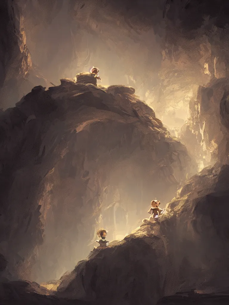 Image similar to lit child, in a dark cave, by disney concept artists, blunt borders, converging lines, soft light