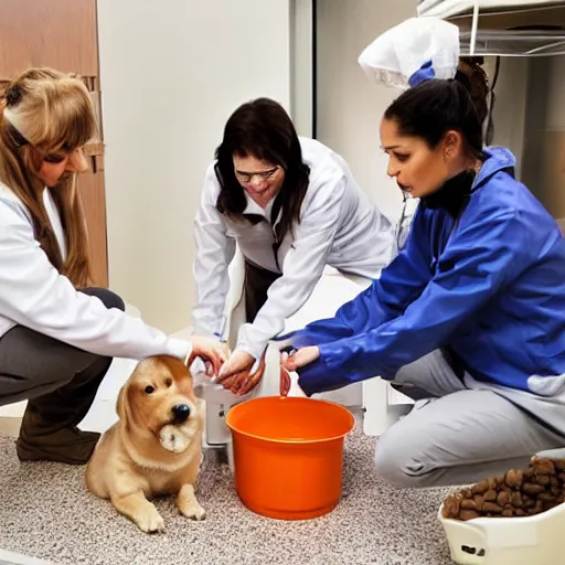 Prompt: human in a dog crate being fed dog food while 3 dog scientists in a white lab coats observe, photorealistic, ultra detailed.