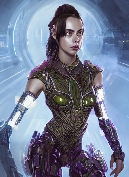 Prompt: a professional portrait of a beautiful young female, clothed in electric neon armor, olive skin, long dark hair, beautiful bone structure, symmetrical facial features, intricate, elegant, digital painting, concept art, smooth, sharp focus, finely detailed, illustration, from Valerian and the City of a Thousand Planets, by Ruan Jia and Mandy Jurgens and Artgerm and William-Adolphe Bouguerea