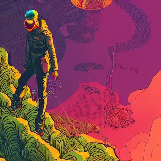 Prompt: Stunning illustration of single cyberpunk explorer overlooking lush forest , highly detailed, sunset, by Victo Ngai and James Gilleard , Moebius, Laurie Greasley