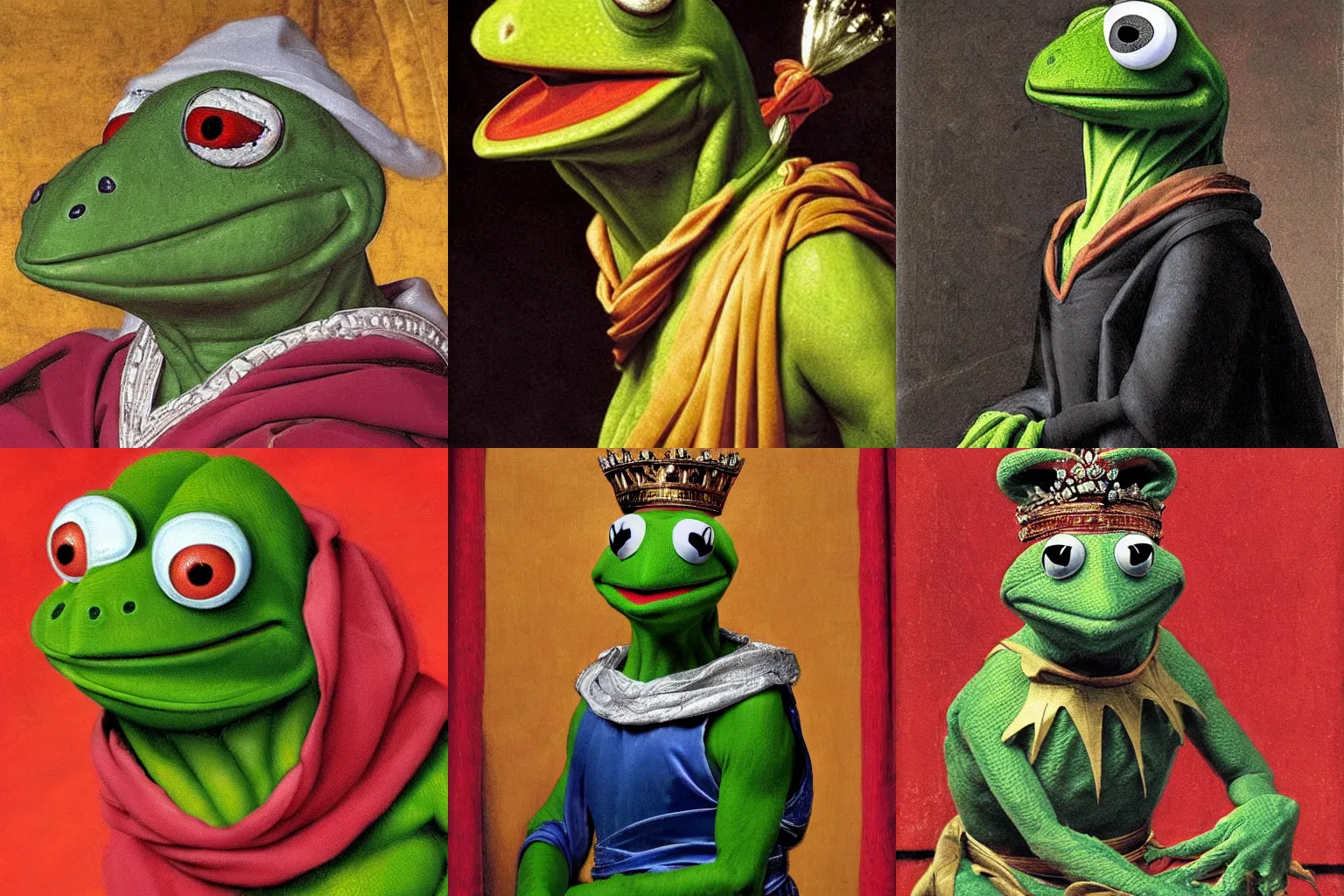 Image similar to A extremely highly detailed majestic hi-res beautiful, highly detailed head and shoulders painting of kermit the frog in royal medieval kingly robes by Michelangelo Merisi da Caravaggio,