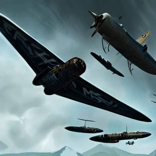 Image similar to a detailed matte painting of a pteridactal flying with nazi messerchmitts in a bombing raid, 8 k, artstation, art in a noir crime novel style