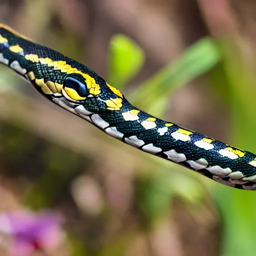 Prompt: expressive checkered garter snake smelling a flower, in the style of anime, defined, sharp