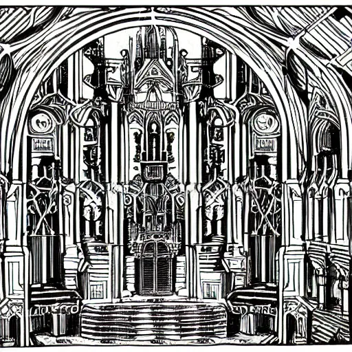 Image similar to detailed intricate comic style illustration of a robotic hydra with jack connectors for heads, inside a cathedral made from pro audio equipment