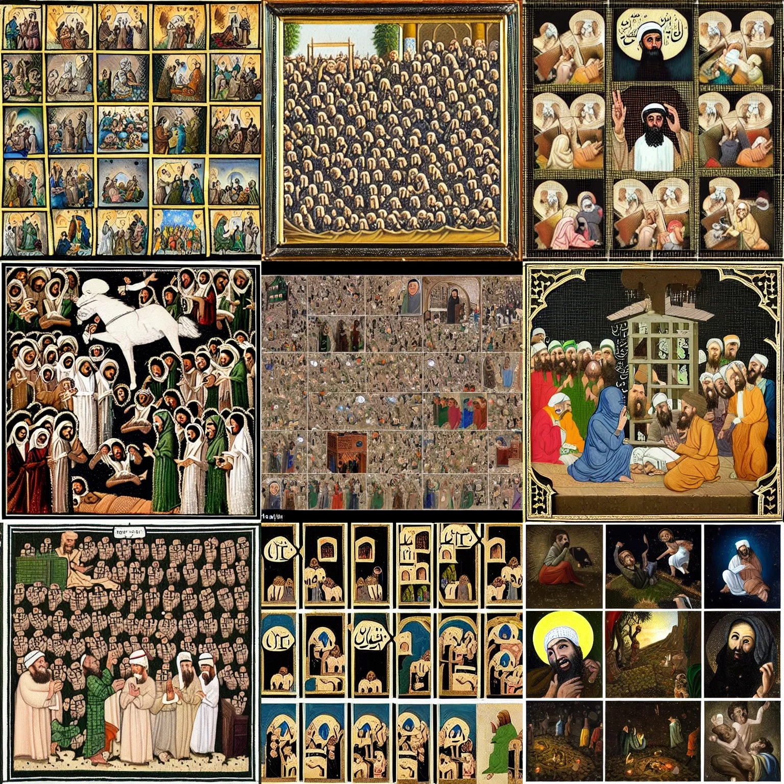 Prompt: a hundred insanely detailed tiny images in a grid of the prophet mohammed doing silly blasphemous things, masterwork oil on canvas, award winning, deeply satirical