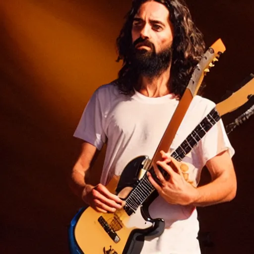 Image similar to photo from behind the back showing jesus christ playing guitar at red rocks