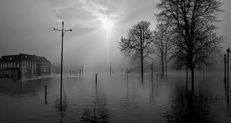 Prompt: award-winning photograph of a german town being flooded, dramatic lighting, hazy atmosphere, god rays, wide focal length, Sigma 85mm f/2, dramatic perspective, chiaroscuro, at dusk