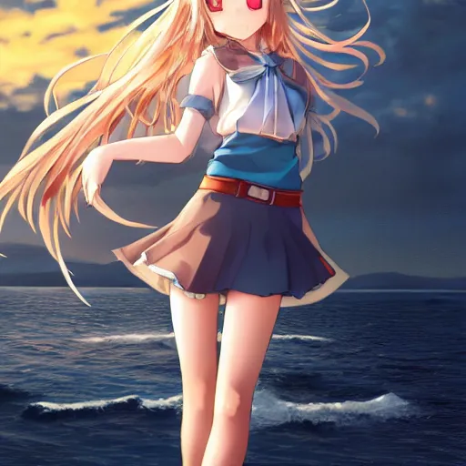 Image similar to a very beautiful anime cute girl, full body, long wavy blond hair, sky blue eyes, full round face, short smile, fancy top, miniskirt, front view, summer lake setting, cinematic lightning, medium shot, mid-shot, highly detailed, cinematic wallpaper by Stanley Artgerm Lau