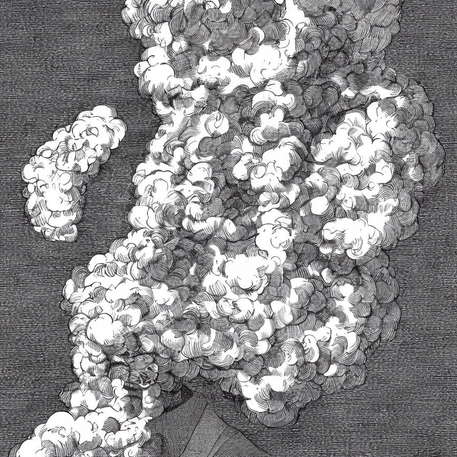 Image similar to An illustration of a character whose head has turned into smoke.