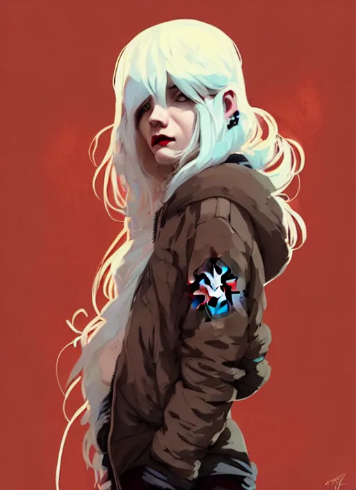 Image similar to highly detailed portrait of a sewer punk canadian lady, tartan hoody, white hair by atey ghailan, by greg rutkowski, by greg tocchini, by james gilleard, by joe fenton, by kaethe butcher, gradient red, brown, blonde cream and white color scheme, grunge aesthetic!!! ( ( graffiti tag wall background ) )