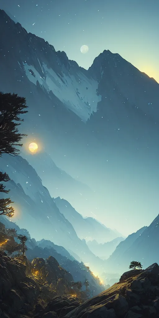 Image similar to highly detailed mountain in night, gta v, stephen bliss, unreal engine, fantasy art by greg rutkowski, loish, rhads, ferdinand knab, makoto shinkai and lois van baarle, ilya kuvshinov, rossdraws, tom bagshaw, global illumination, radiant light, detailed and intricate environment