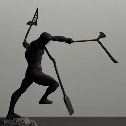 Prompt: A marble statue of a man kicking the Earth with a pickaxe, Hyperrealistic, 8K HDR, dramatic light.