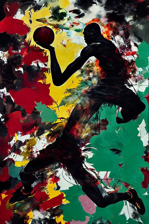 Image similar to nike advertisment with a black boston celtics basketballer making dunk, rich deep colours, painted by francis bacon, adrian ghenie, james jean and petra cortright, part by gerhard richter, part by takato yamamoto masterpiece