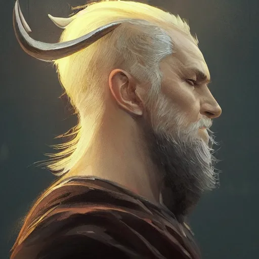 Image similar to a beautiful artwork side profile portrait of a odin with horns by greg rutkowski , featured on artstation, norse mythology, valhalla