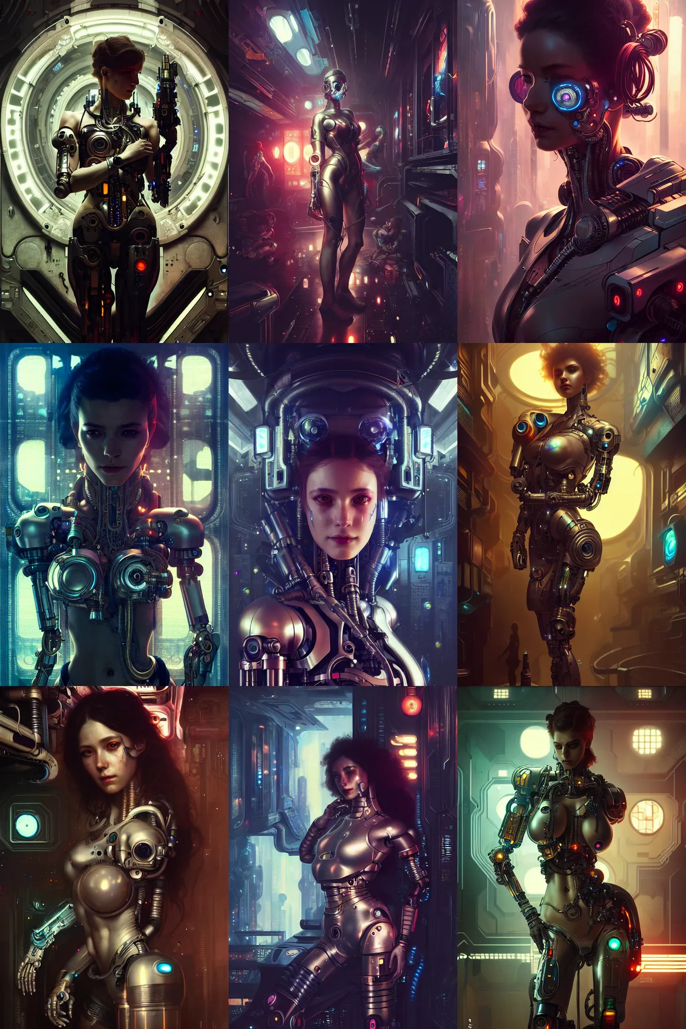 Image similar to ultra realistic, beautiful female cyborg in a crowded smoky cyberpunk club in space megalopolis, sci-fi, intricate details, eerie, highly detailed, octane render, 8k, art by artgerm and alphonse mucha and greg rutkowski