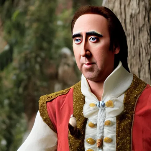 Image similar to nic cage in snow white, disney,