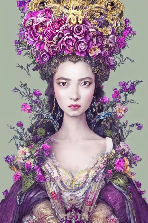 Image similar to a beautiful empress portrait, with a brilliant, impossible striking big flower headpiece, clothes entirely made out of flowers, symmetrical, dramatic studio lighting, rococo, baroque, jewels, asian, hyperrealism, closeup, D&D, fantasy, intricate, elegant, highly detailed, digital painting, artstation, octane render, 8k, concept art, matte, sharp focus, illustration, art by Artgerm and Greg Rutkowski and Alphonse Mucha