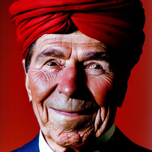 Image similar to portrait of president ronald reagan as afghan man, green eyes and red turban looking intently, photograph by steve mccurry