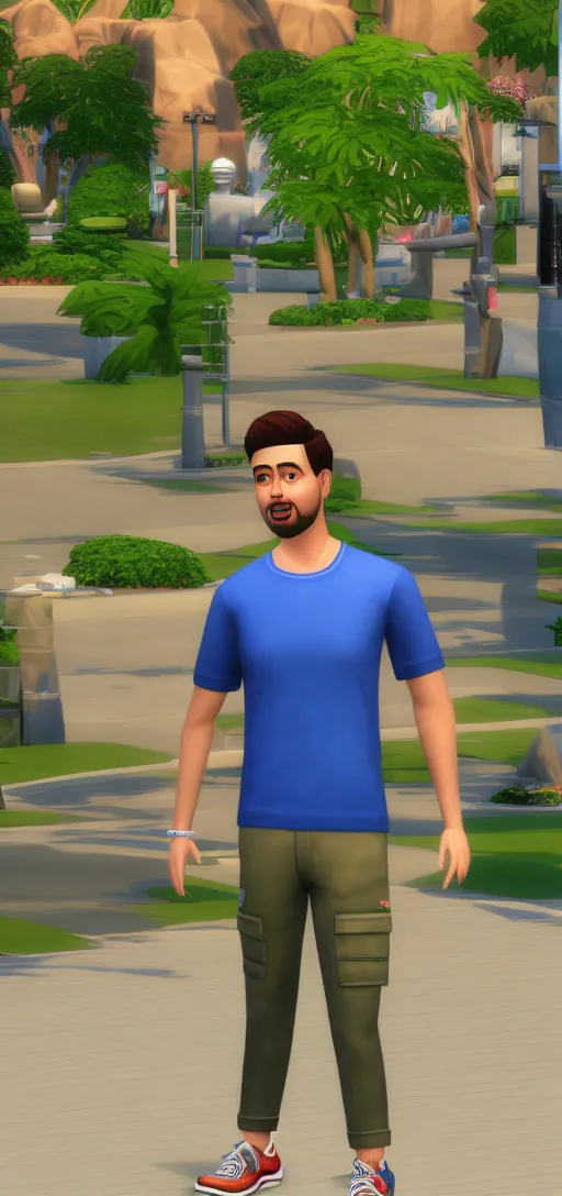 Image similar to full body image of a Sim from the Sims 4 in a blue tee shirt, green cargo pants and sneakers
