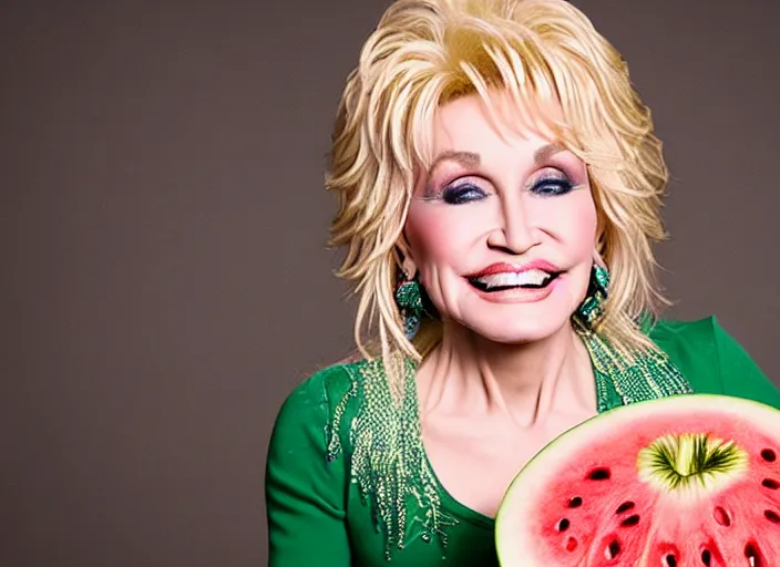 Image similar to studio portrait photo still of 2 0 year old dolly parton!!!!!!!! at age 2 0 2 0 years old 2 0 years of age!!!!!!! surrounded by watermelons, 8 k, 8 5 mm f 1. 8, studio lighting, rim light, right side key light