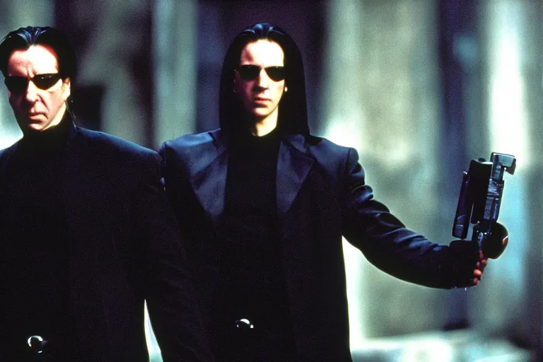 Image similar to film still of Alan Rickman as Neo in The Matrix 1999