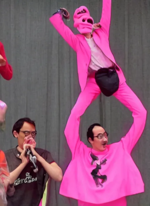 Image similar to goji singing in an scenario while filthy frank dances next to him in a pink outfit