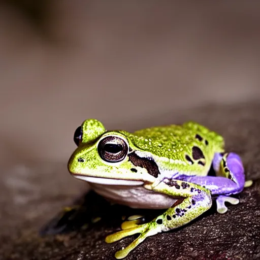 Image similar to closeup of a frog sitting on a stone in a forest, wildlife photography