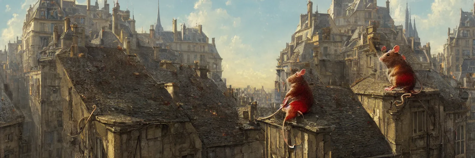 Prompt: a rat sitting on a roof in paris, bright colorful, artstation trending, world renowned artists, worth1000.com, historic artworks society, antique renewel, cgsociety, by greg rutkowski, by Gustave Dore, Deviantart