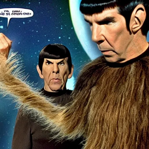 Prompt: Spock fighting Wookie on top of Tartis