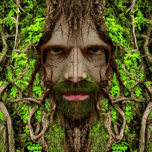 Prompt: a portrait of a tree man, roots, vines, moss