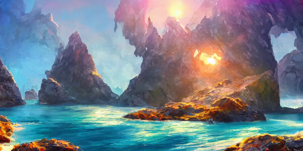 Prompt: salt covered islands surrounded by colourful rugged crystal quartz mountains, illustration, bright sunlight, sun glints, sunrays, digital art, oil painting, fantasy, 8 k, trending on artstation, detailed