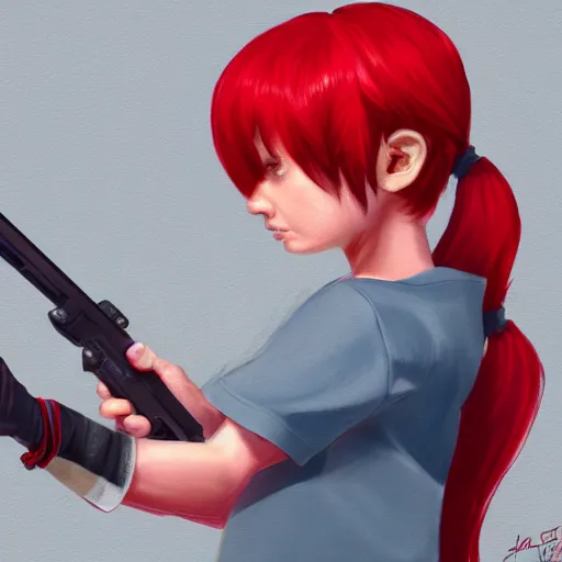 Prompt: a concept art of a boy and a girl with red hair holding a gun, highly detailed, digital painting, artstation, concept art, smooth, sharp focus, illustration
