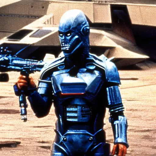 Image similar to movie still, 1 9 8 0 s, harrison ford as armored alien hunter, hyperdetailed, by ridley scott and john carpenter, blue leds