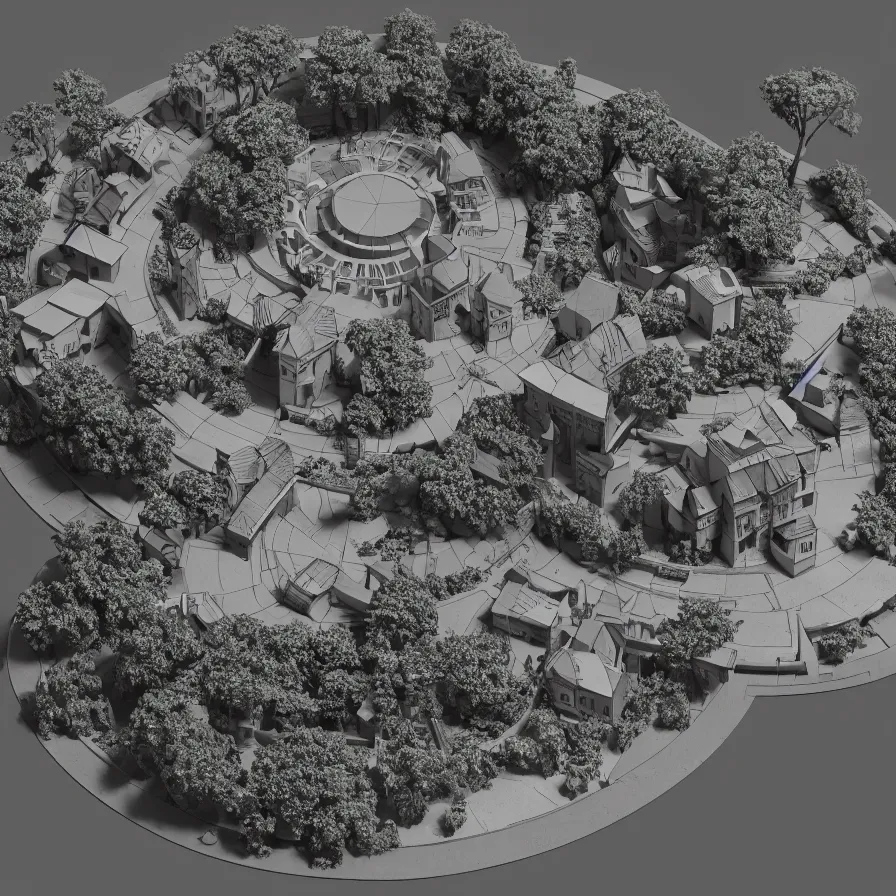 Image similar to architectural model, isometric view, 3 d render, studio lighting, low contrast, dark background, highly detailed, a plot with a circular house with circular courtyards, tree