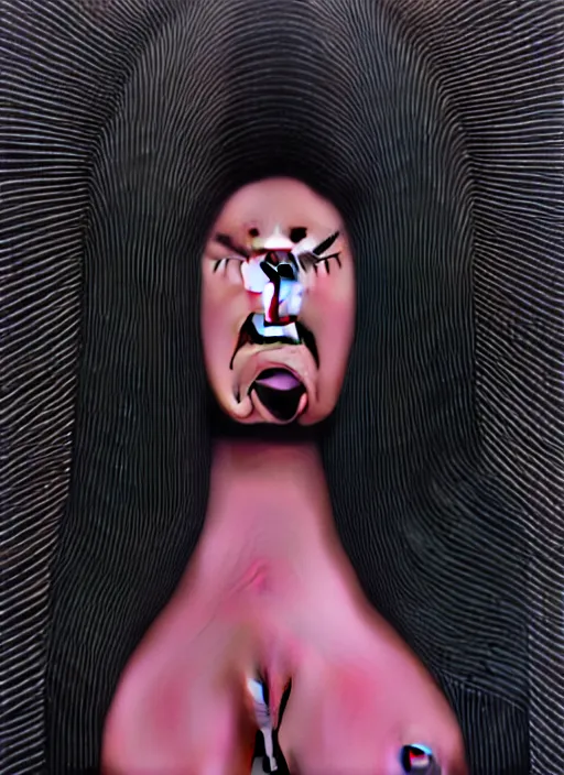 Prompt: japanese animation, portrait closeup of screaming black glossy dark carbon big woman, sensual pose, by shusei nagaoka, kaws, david rudnick, airbrush on canvas, pastell colours, cell shaded, 8 k