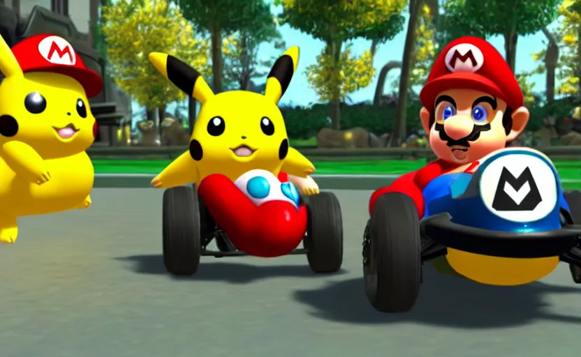 Image similar to Pikachu in Mario Kart, screenshot,