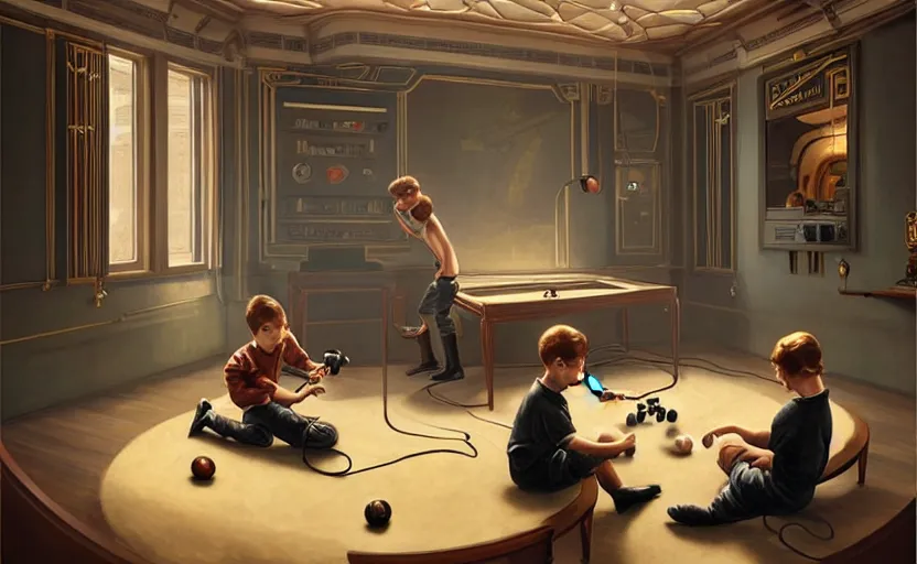 Prompt: 1 9 2 0 s, art deco, two boys playing game at a spacious gaming room with their hi - tech gaming setup, intricate, highly detailed, spacious, indoor, architecture, art by filip hodas and artgerm