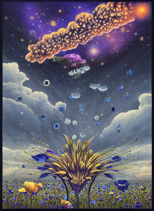 Image similar to detailed, intricate blue black and purple papaverum flower on the field, nebula, galaxy in the sky, winning award masterpiece, fantastically beautiful, illustration, aestheticly inspired, jacek yerka, upscale with anguissola sofonisba work, artstation, 8 k