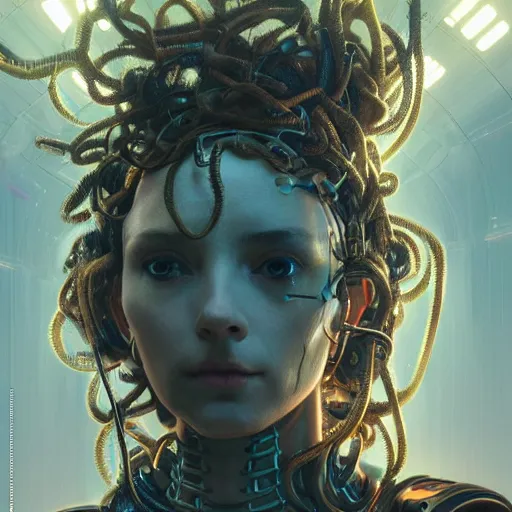 Image similar to portrait of Medusa with vr headset, cyberpunk, thick cables on the head, futuristic hi-tech details, ominous, intricate, art by anthony macbain + greg rutkowski + alphonse mucha, concept art, 4k, sharp focus, cinematic unreal engine