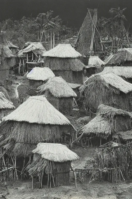 Image similar to long and tall organic houses, village, jungle, black and white photography, year 1 9 0 0