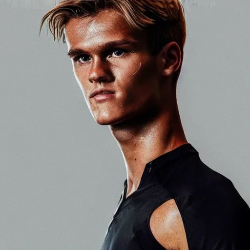 Image similar to a realistic detailed photo of a guy who is an attractive humanoid who is half robot and half humanoid, who is a male android, soccer player martin ødegaard, shiny skin, posing like a statue, blank stare, in a living room, on display, showing off his muscles, with a twin