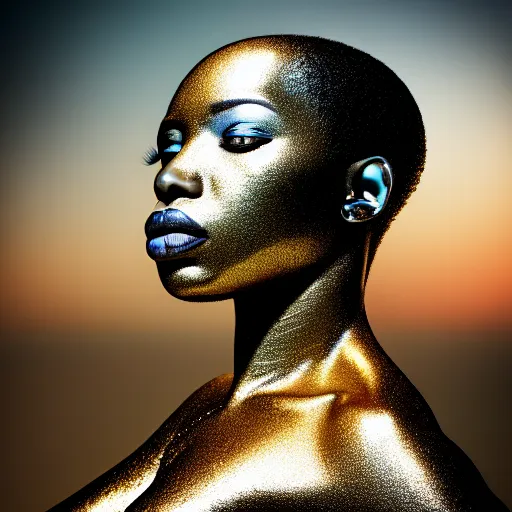 Image similar to portrait of metallic face, african woman, mercury, reflections, smooth texture, liquid metal, proud, looking away, outdoor, blue sky, 8 k, realistic, depth of field, highly detailed, award winning photography