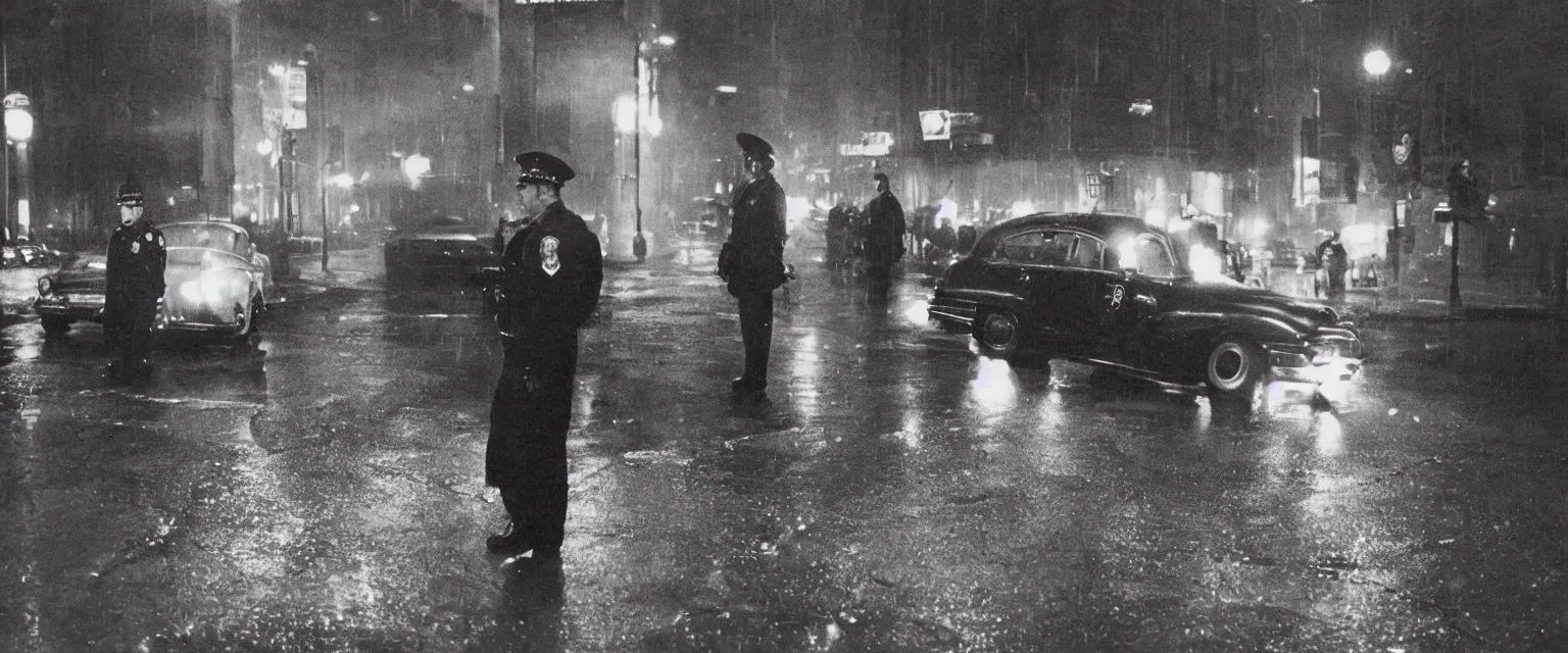 Prompt: weegee style photograph highly detailed of a a uniformed policeman circa 1 9 5 0 standing over a white body bag 1 9 5 5 police car in the rain at night lit by street lamps and headlights. behind the policeman