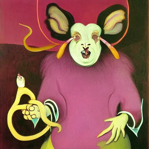 Prompt: painting by francis bacon, highly detailed, purple ancient furry antler deity, yellow rat pig, holding a red orchid, laughing, brightly lit pink room